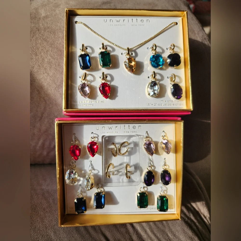 Unwritten Interchangable Pendant Glass Charms Necklace Earrings Colored Gems NWT